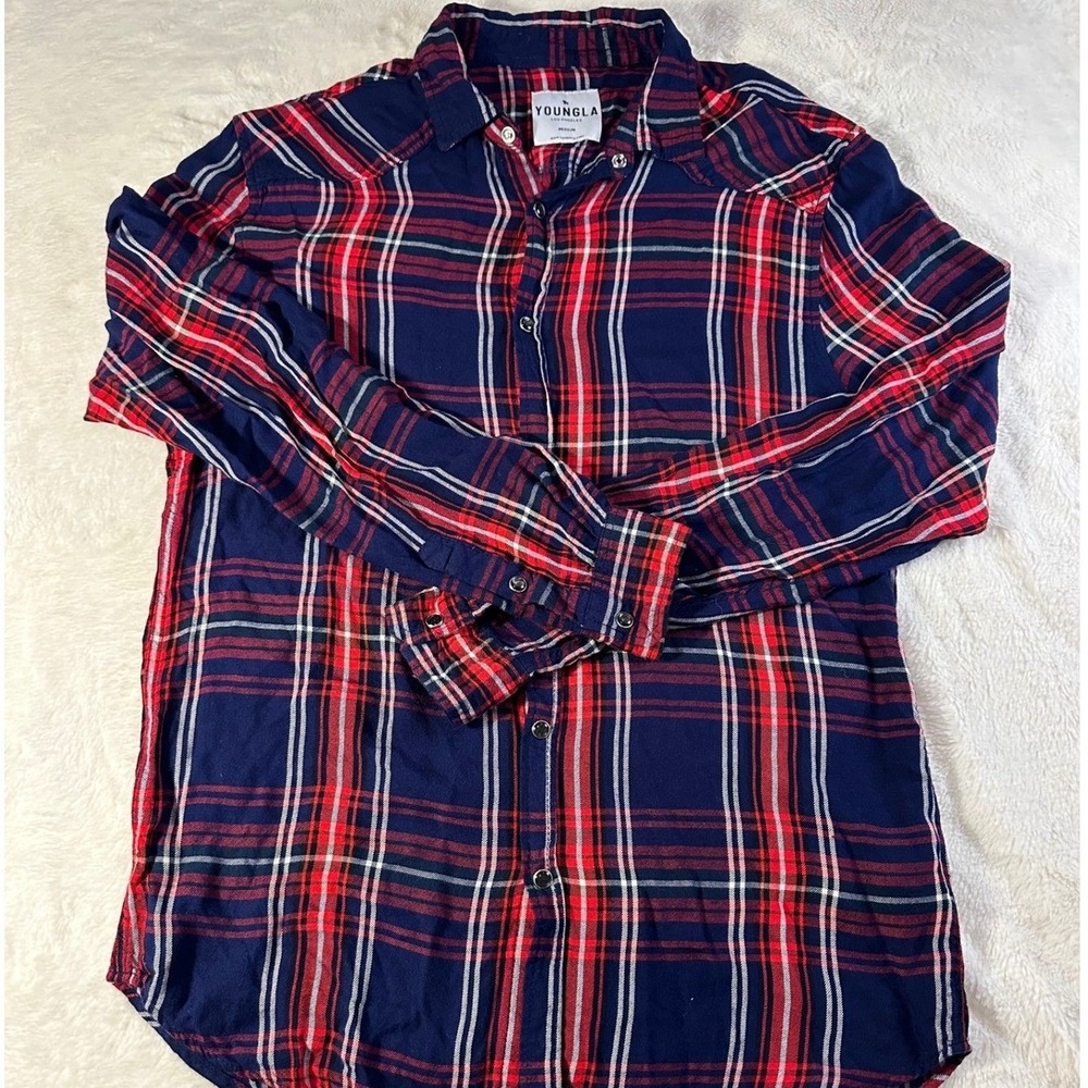 YOUNGLA Plaid Long Sleeve Button Up Shirt Navy Red White Mens Medium